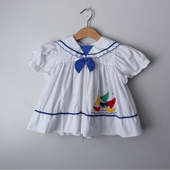 Vintage Other - Vintage Embroidered Sailboat Nautical Short Sleeve Sailor Dress